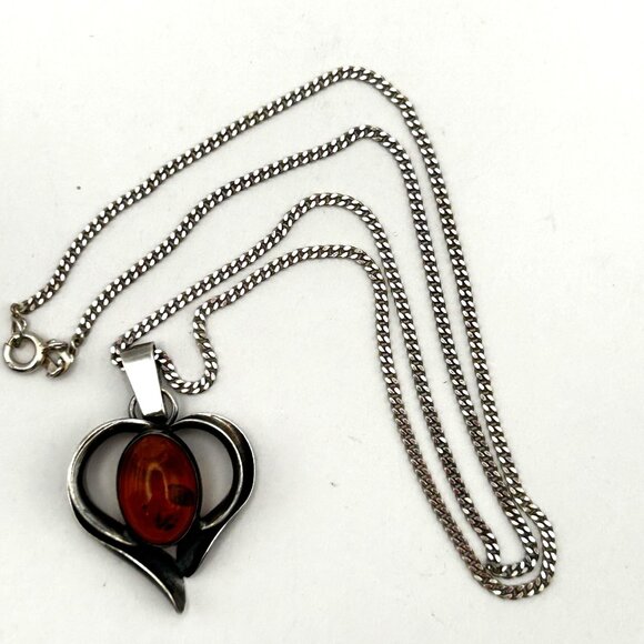 Vintage Baltic Amber Heart Pendant Necklace Sterling Silver 925 17” Chain - Picture 1 of 15